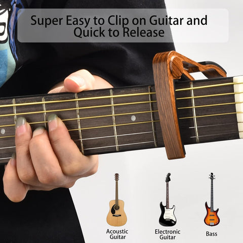 Guitar Capo, Guitar Picks, Guitar Accessories with Tuner, Capo for Acoustic Guitar, Bass, Buzzing-Free, Quick Release, Tuner Clip on for Guitar, Violin, Bass, Ukulele Chromatic, Rosewood