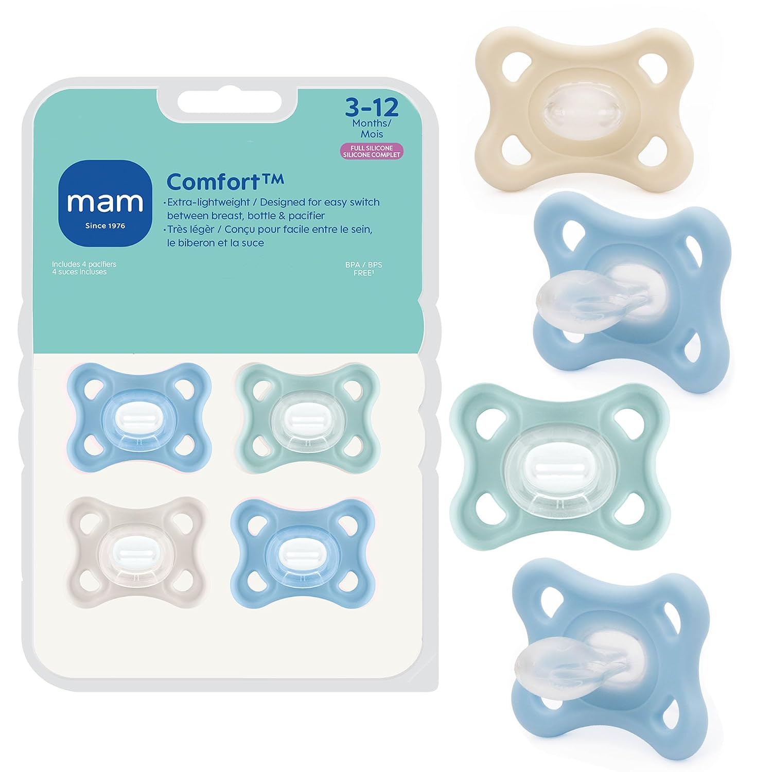 MAM Comfort Baby Pacifier 3-12 Mths Lightweight One-Piece Silicone 4 Pack