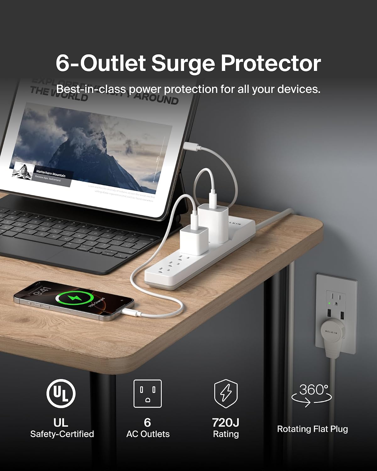 Belkin Surge Protector Power Strip 6 AC 8ft Cord Flat Plug 720 Joules