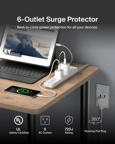 Belkin Surge Protector Power Strip 6 AC 8ft Cord Flat Plug 720 Joules