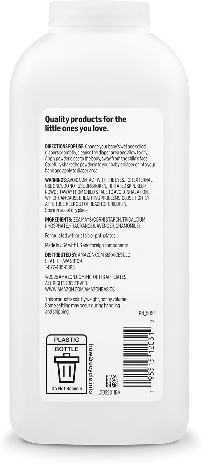 Amazon Basics Lavender and Chamomile Cornstarch Baby Powder, Hypoallergenic, 15 oz, 1 Pack