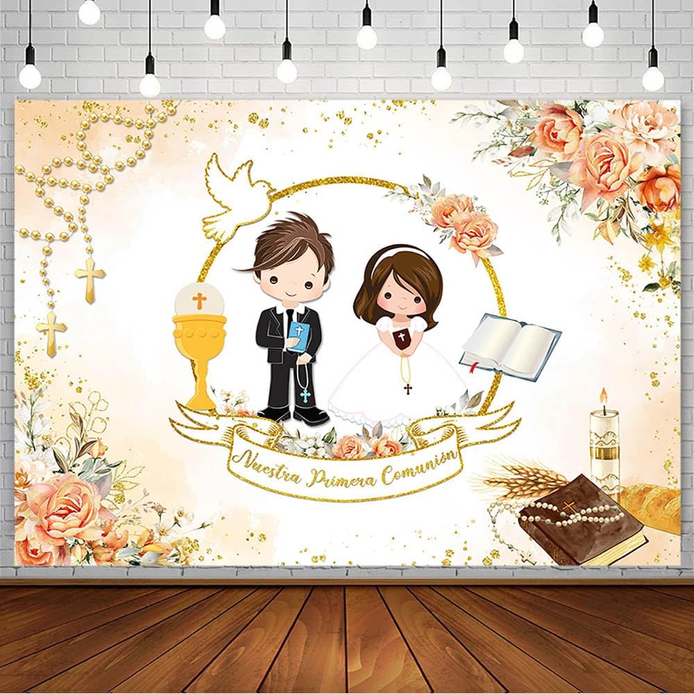 AIBIIN 7x5ft Mi Primera Comunion Backdrop for Twins Nuestra Primera Comunión God Bless Baptism Party Decoration Christening Ceremony Mi Bautizo Banner Chalice Floral Photography Background Photo Props
