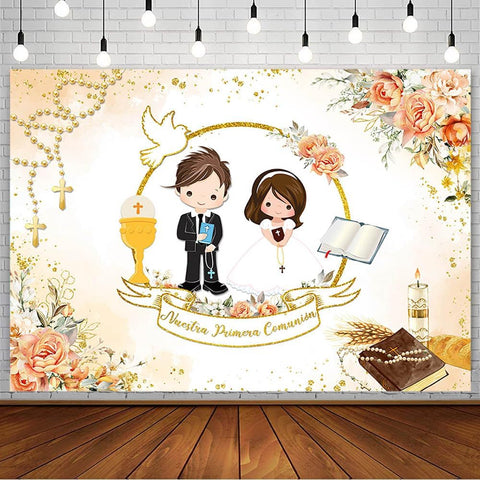AIBIIN 7x5ft Mi Primera Comunion Backdrop for Twins Nuestra Primera Comunión God Bless Baptism Party Decoration Christening Ceremony Mi Bautizo Banner Chalice Floral Photography Background Photo Props