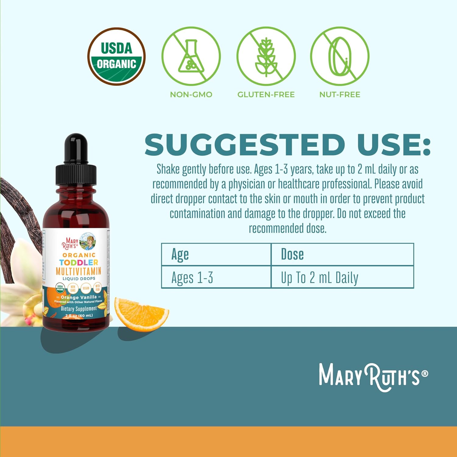MARYRUTH'S Organic Toddler Multivitamin Drops with Iron, Vegan, 30 Servings