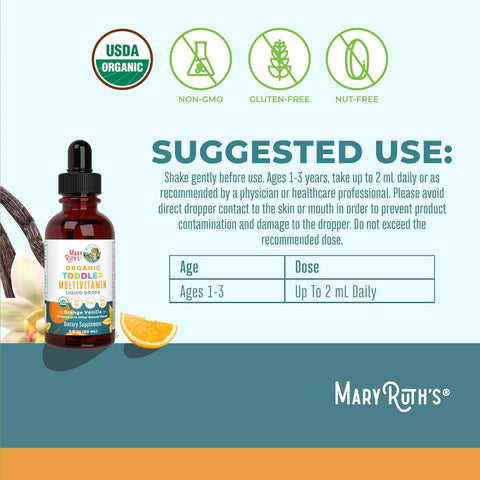MARYRUTH'S Organic Toddler Multivitamin Drops with Iron, Vegan, 30 Servings