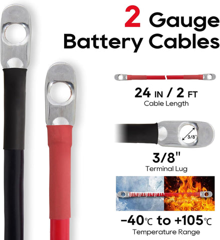 TOPDC 2 AWG Battery Cable Pair, 24 Inch Pure Copper, 3/8 Inch Ring Lugs