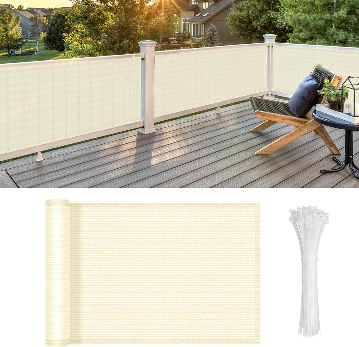 LOVE STORY Custom Size 3' x 21' Balcony Privacy Screen Cover, Butter Cream
