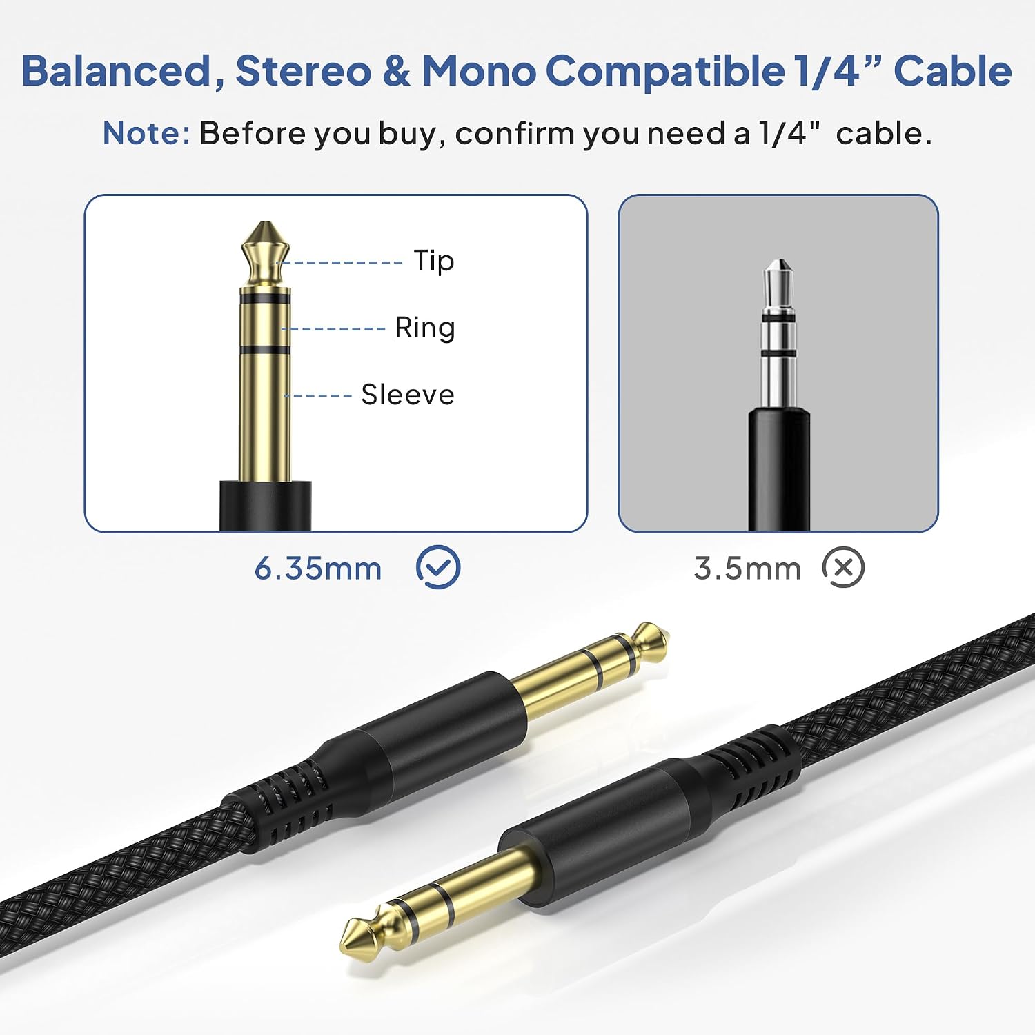 Elebase 1/4 Inch TRS Instrument Cable 10FT 2Pack,6.35mm Male Guitar Cord 3M