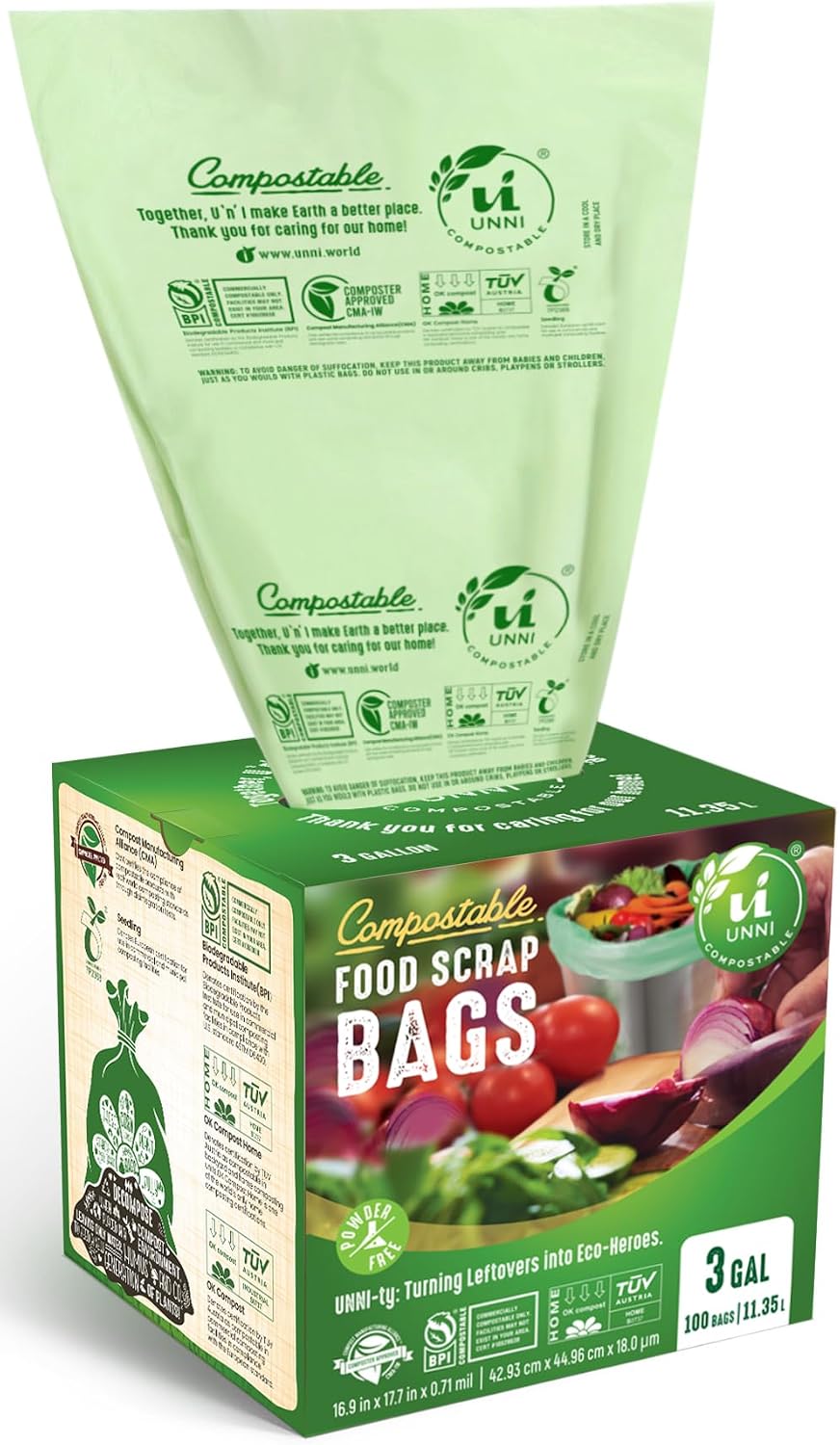 UNNI 3 Gallon Compost Bags for Countertop Bin, 100 CT, Extra Thick 0.71 Mil