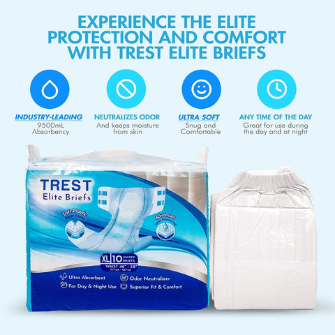 TREST Elite Briefs for Men and Women, Overnight Diapers for Incontinence, Elite Absorbency, Comfortable, Odor Neutralizing and Secure Fit with 2 Wide Tabs - White, X-Large (Pack of 10)