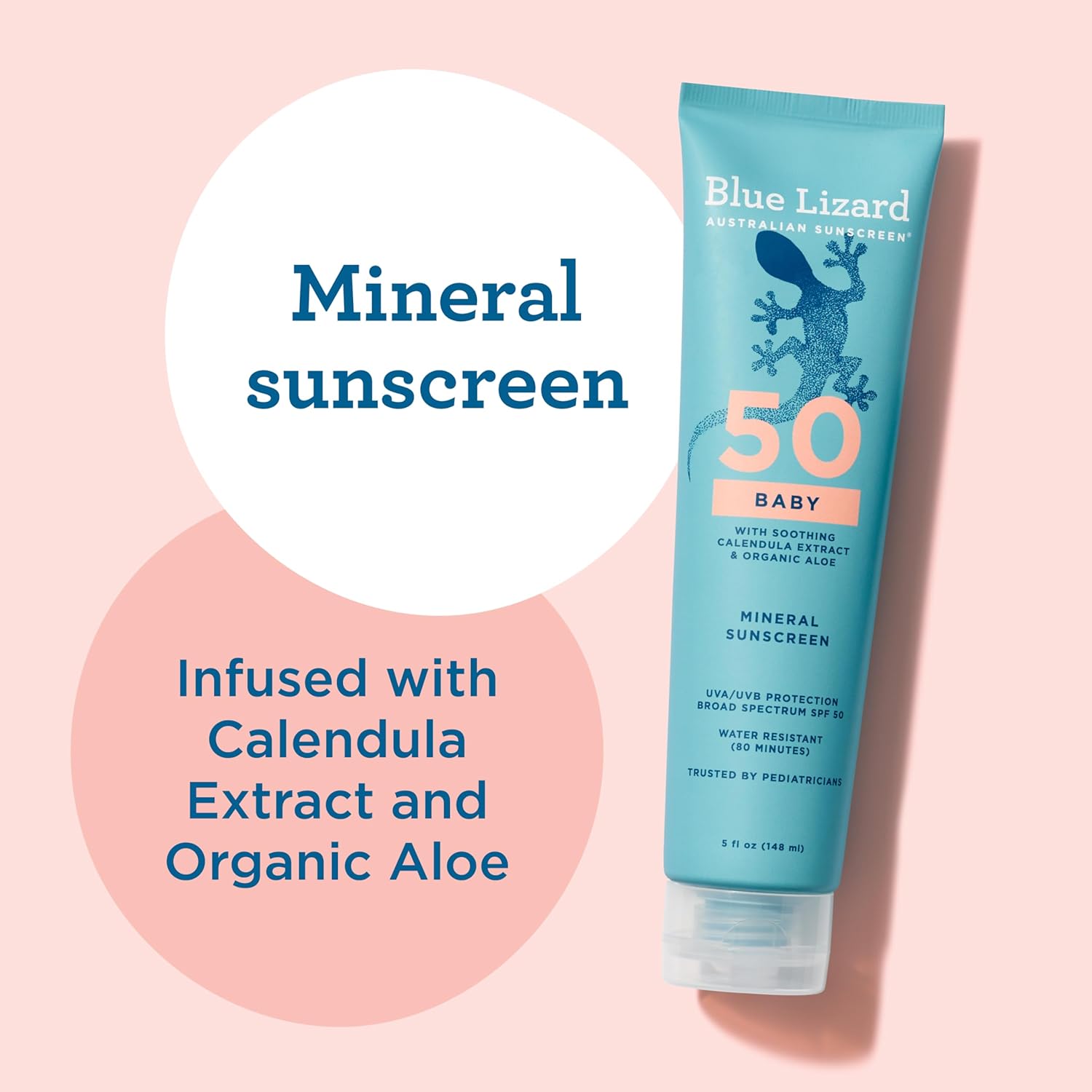 Blue Lizard BABY Mineral Sunscreen with Zinc Oxide, SPF 50+, Water Resistant, UVA/UVB Protection with Smart Cap Technology - Fragrance Free, 5 oz. Tube
