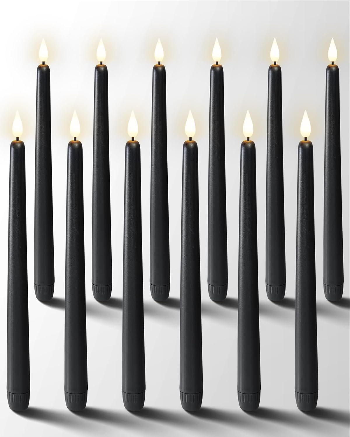 Homemory 12 Pcs Black Flameless Taper Candles Flickering, NO Remote, 11 Inches Taper Candles Battery Operated, Realistic Electric LED Candlesticks Made of Plastic for Halloween Party Home Decor