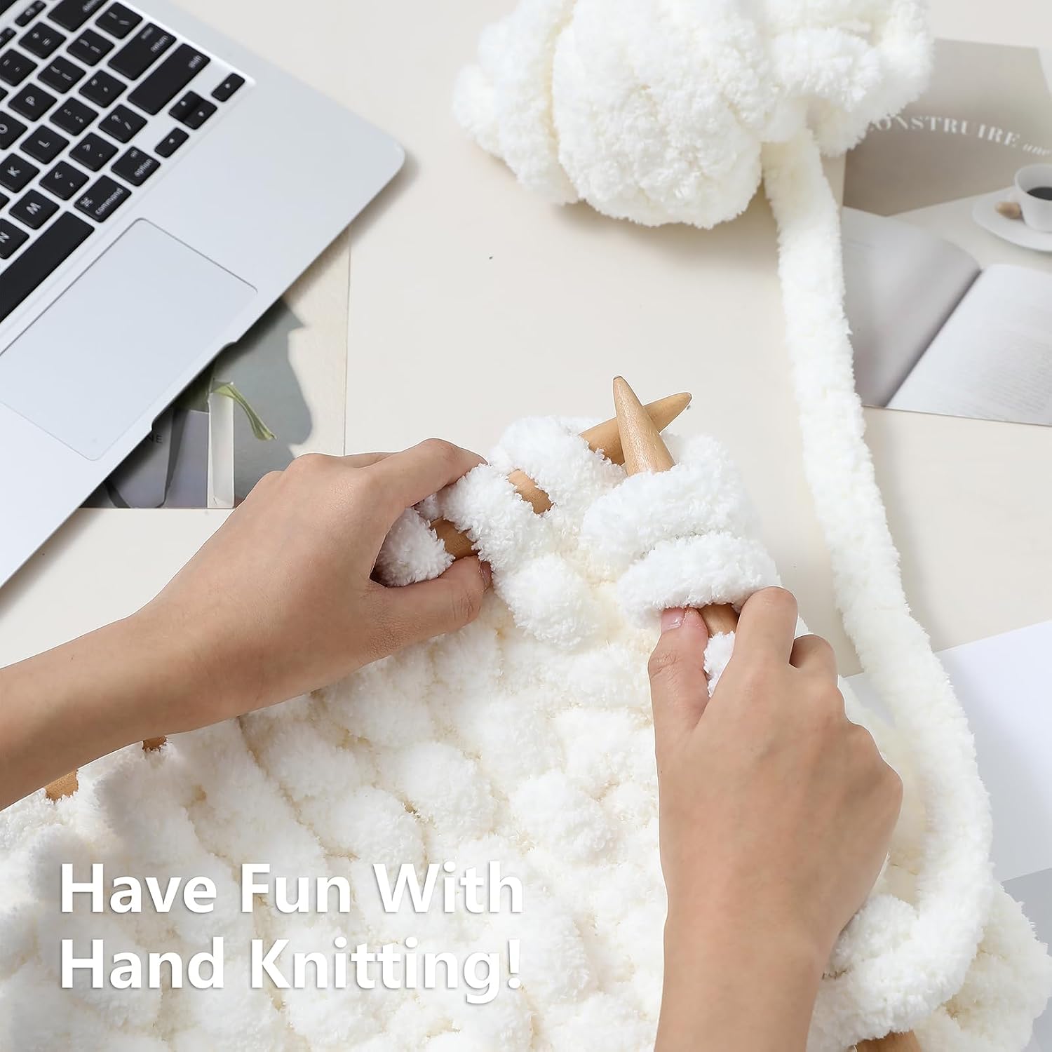 Cozyful Chunky Yarn for Hand Knitting - #10 Chunky Chenille Yarn, Jumbo Big Thick Chunky Yarns for Crocheting, Super Bulky Chunky Knit Blanket Yarns, 8 Skein (22 yds 8 oz Each Skein), Cream