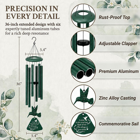 36" Memorial Wind Chimes for Outside, Sympathy Gift for Loss of Loved One, Hummingbird Wind Chime for Mom Dad, Bereavement Remembrance Funeral Condolence Gift（Forest Green）