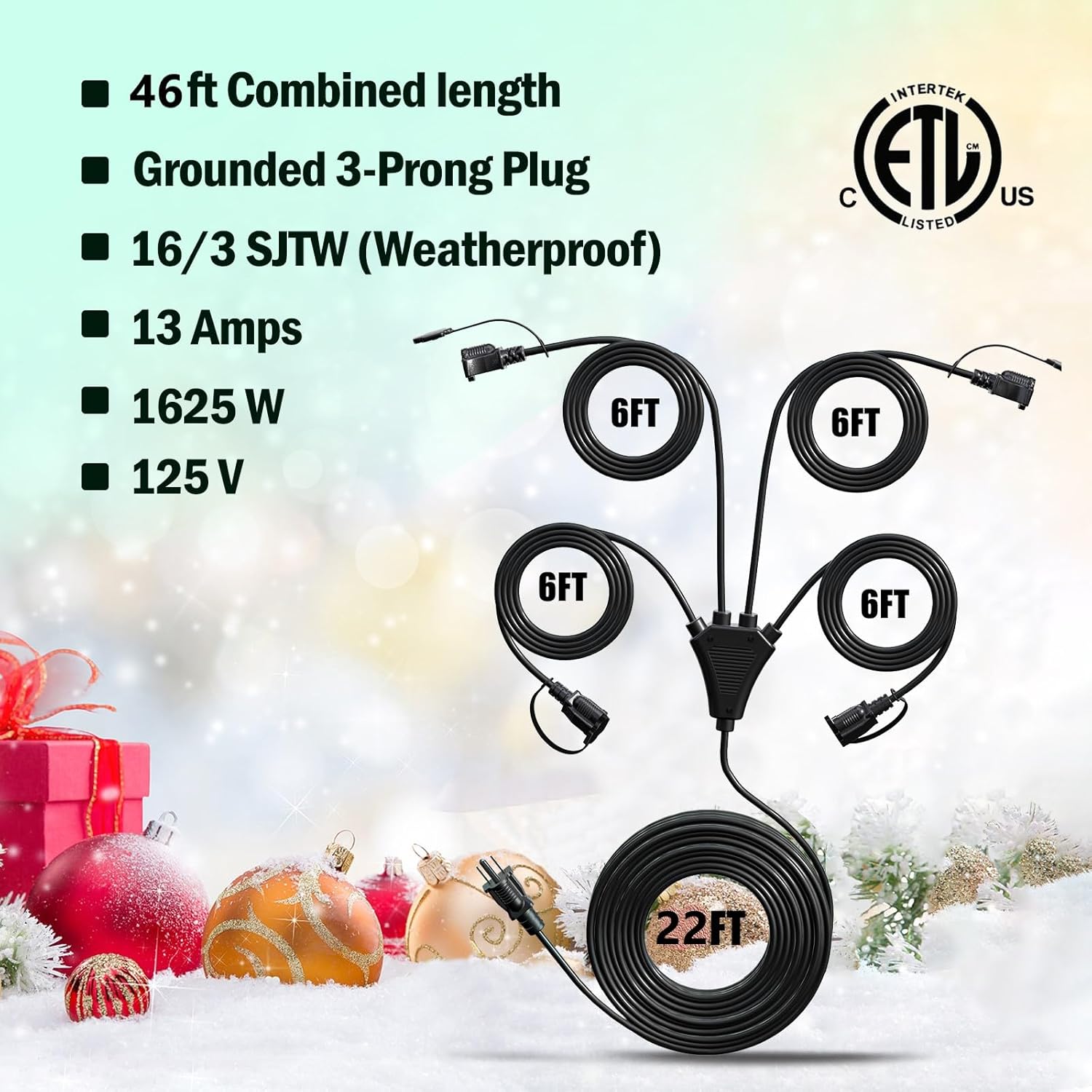 Eversimpleinc Black 1 to 4 Splitter Outdoor Extension Cord 28 FT 4 Outlets