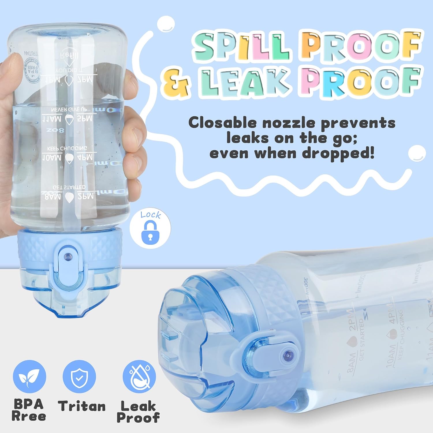 OLDLEY 12oz Kids Water Bottle, Tritan BPA-Free, Leakproof Flip Straw Lid, Motivational Time Marker, Carry Strap, Reusable Clear Water Bottle for Boys & Girls,Baby Blue