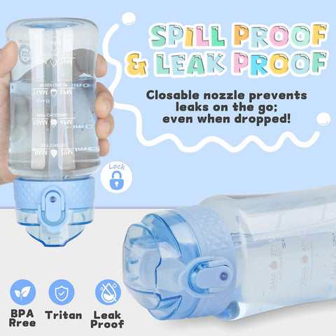 OLDLEY 12oz Kids Water Bottle, Tritan BPA-Free, Leakproof Flip Straw Lid, Motivational Time Marker, Carry Strap, Reusable Clear Water Bottle for Boys & Girls,Baby Blue