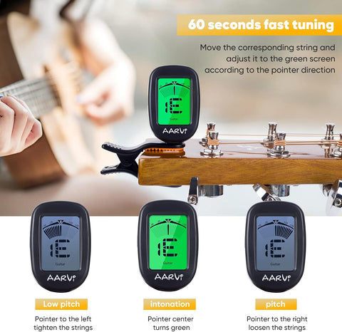 Aarvi Guitar Tuner, Clip-On Digital Chromatic Tuner for Acoustic & Electric Instruments, 10 Pack with 40 Guitar Picks
