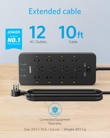 Anker Power Strip with 3 USB Ports，Surge Protector (2100J-10ft)，12 Outlets with 2 USB A Ports and 1 USB C Port,Works with iPhone 15/15 Plus/15 Pro/15 Pro Max,for Home,Office, TUV Listed