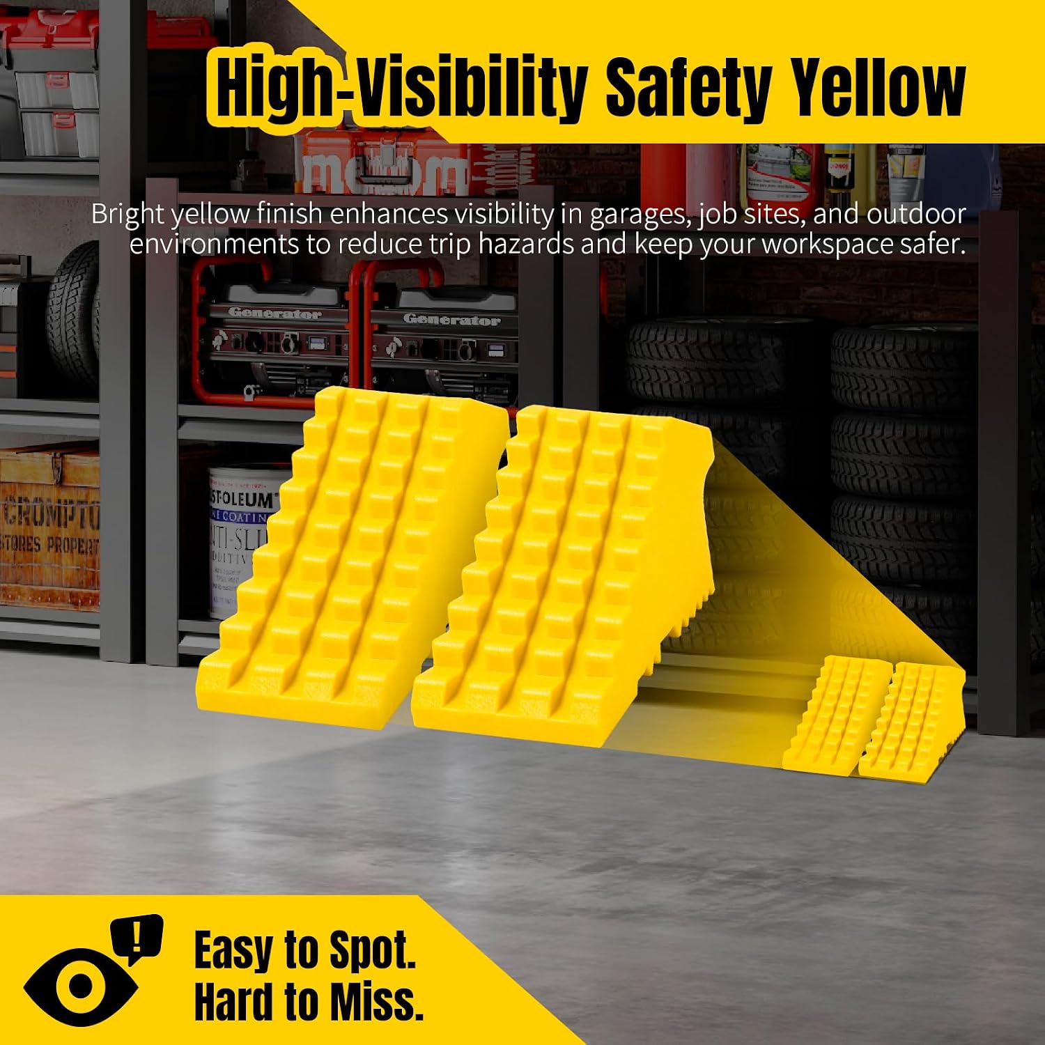 MaxxHaul High Visibility Poly Foam Wheel Chock 2-Pack | 8" x 4" x 4" Lightweight Tire Stop | Slip-Resistant Rubber Base | Built-in Handle | Safety Yellow (50503)