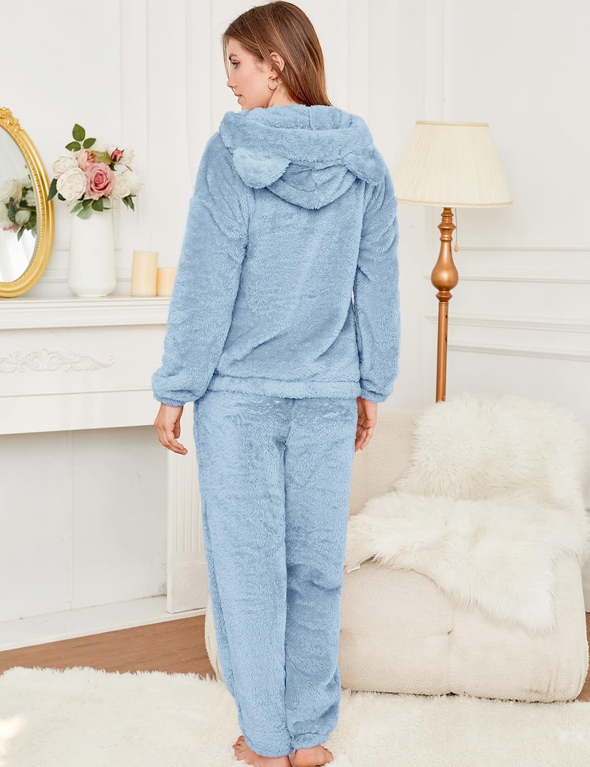 COZYPOIN Women's Fuzzy Pajamas Sets Hooded Bear Ear Fluffy Fleece Loungewear Sleep Pullover Top Pants 2 Piece Outfits Pockets