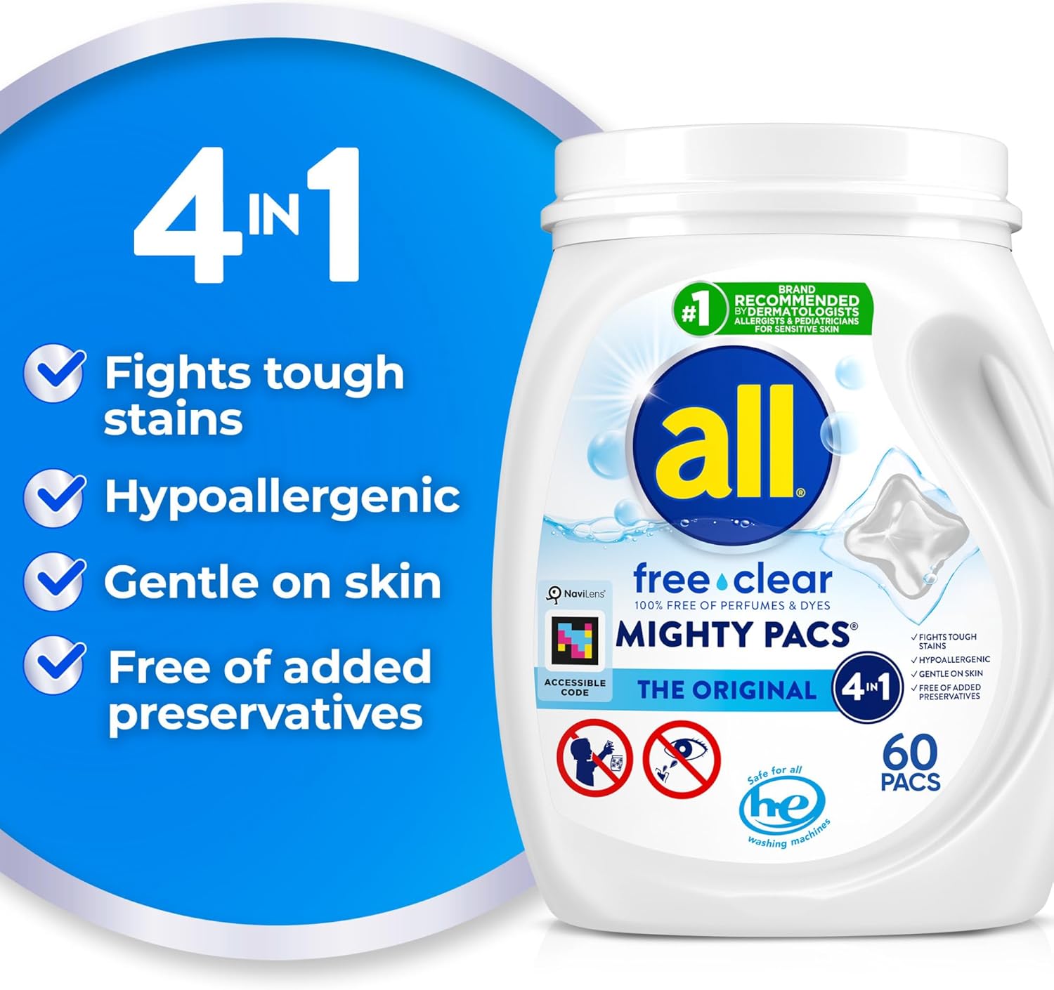 all Unit Dose Laundry Detergent, Mighty Pacs, Free Clear, 60 Count