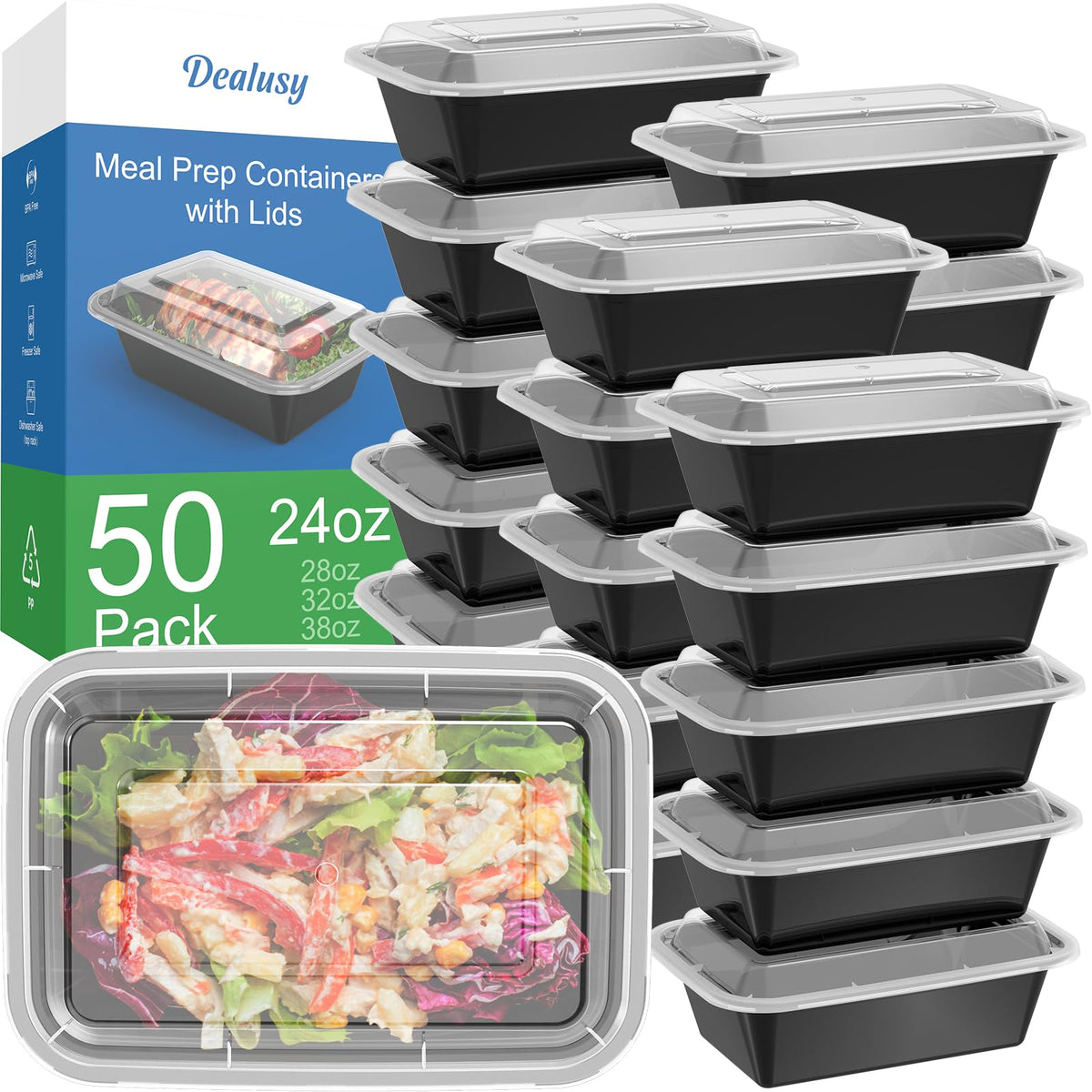 Dealusy 50 Pack (100-Piece) 24 oz Meal Prep Containers Reusable with Lids, Sturdy Leakproof & Food Safe, Microwave, Freezer, Dishwasher Safe Food Prep Containers, To Go Take Out Plastic Food Storage