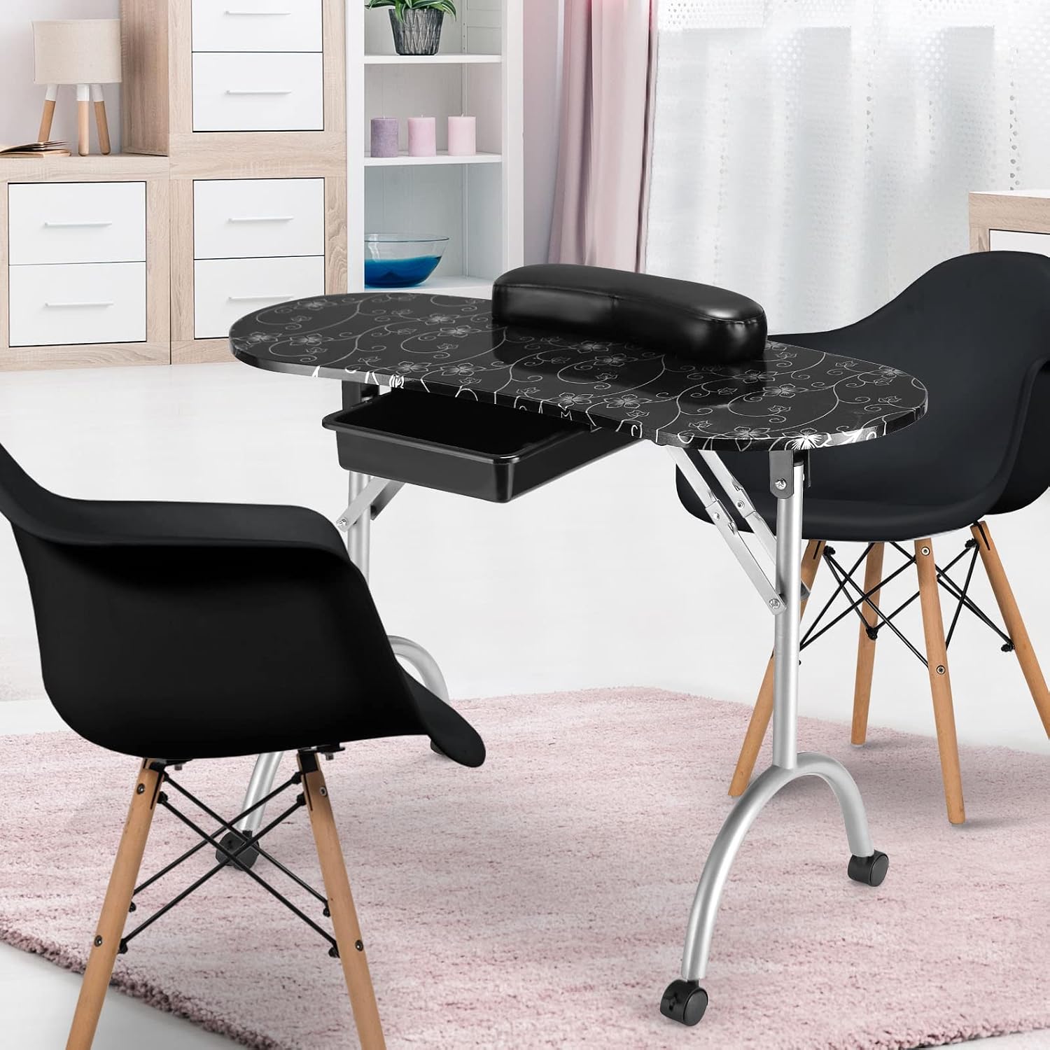 GIANTEX Foldable Nail Table with Drawer, Portable Manicure Table, Black