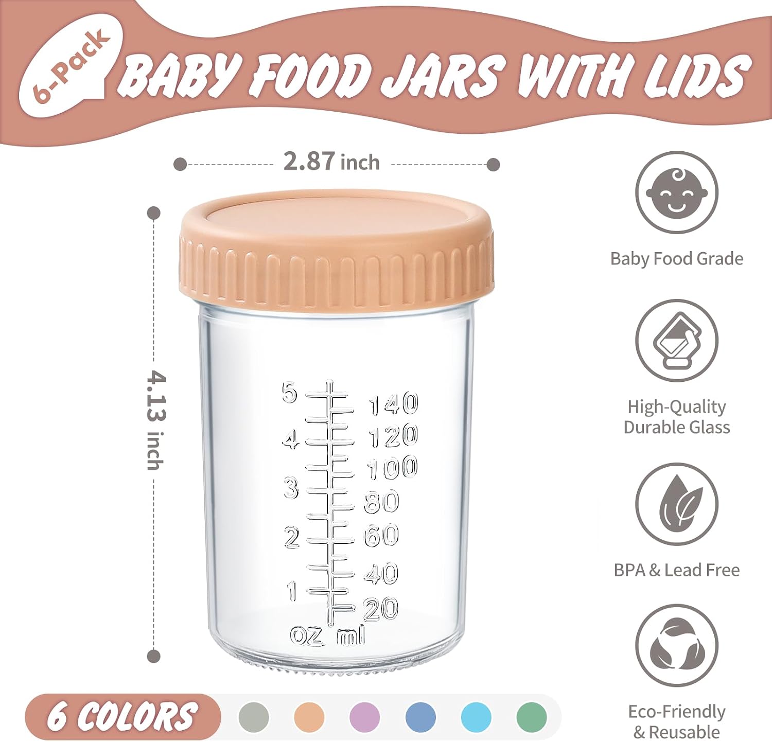 DRKIO 6 pcs Baby Food Storage Containers 8 Oz Small Glass Jars with Lids