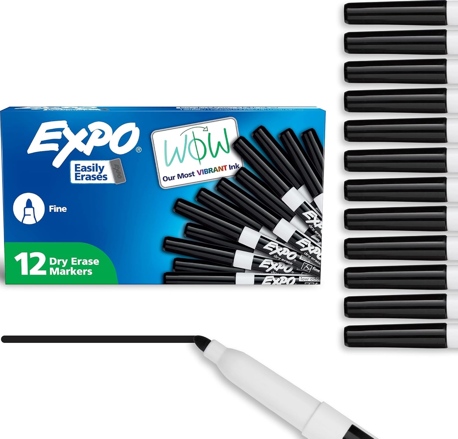 EXPO Dry Erase Markers, Low Odor Ink, Black, Fine Tip, 12 Count - Whiteboard, Calendar, Organization, Essential Supplies for Office, School, Classroom, Teachers