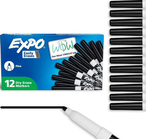 EXPO Dry Erase Markers, Low Odor Ink, Black, Fine Tip, 12 Count - Whiteboard, Calendar, Organization, Essential Supplies for Office, School, Classroom, Teachers