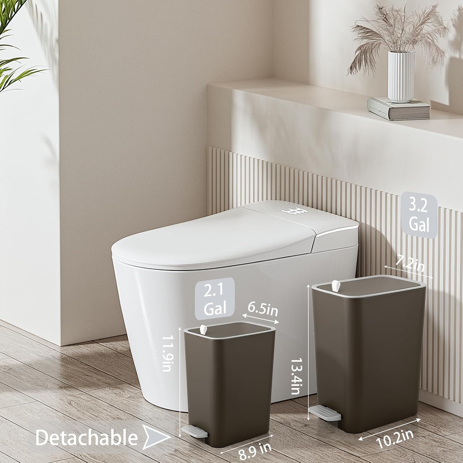 Small Bathroom Trash Can with Lid, 2.1 Gallon Slim Step Trash Can, Brown