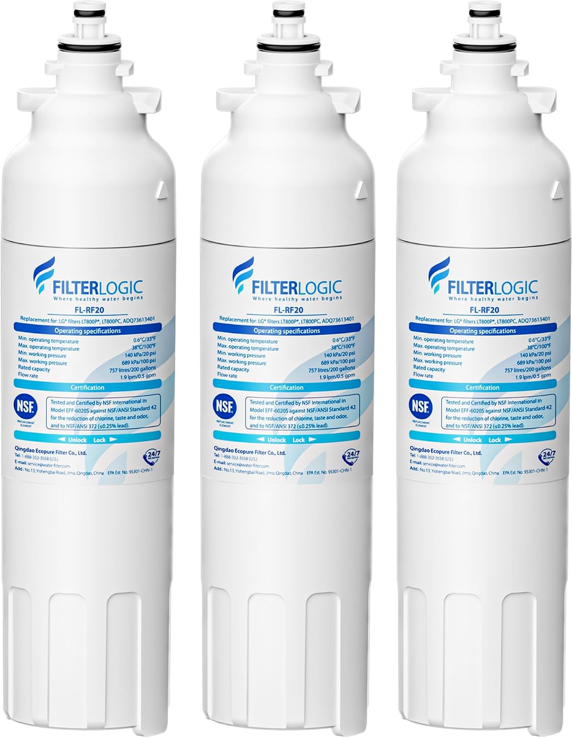 Filterlogic ADQ73613401 Water Filter, Replacement for LG® LT800P® 3 Pack