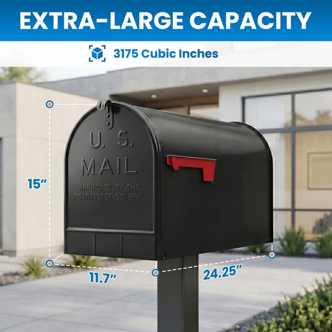 Plexon Jumbo Size Rural Mailbox, 3175 cu-in Capacity, Galvanized Steel, Powder-Coated, 15 in. H x 11.69 in. W x 24.82 in. L, Black, Extra Large