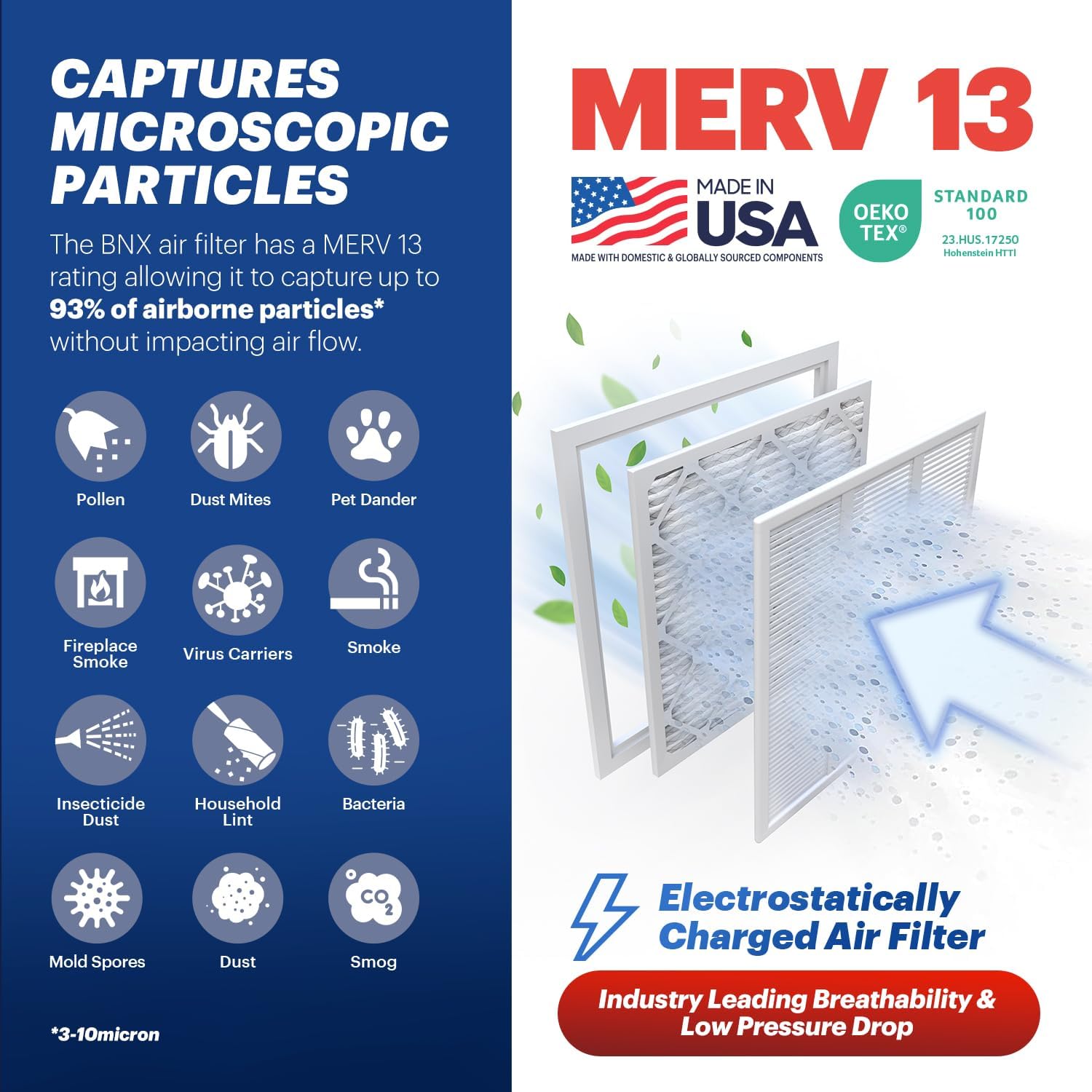 BNX TruFilter 14x18x1 MERV 13 (4-Pack) AC Furnace Air Filter - MADE IN USA - Electrostatic Pleated Air Conditioner HVAC AC Furnace Filters - Removes Pollen, Mold, Bacteria, Smoke