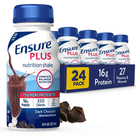 Ensure Plus Dark Chocolate Nutrition Shake, 24 Pack | Meal Replacement Nutritional Drinks with 27 Vitamins & Minerals, 350 Calories, Clinically Proven to Help Adults Gain Weight