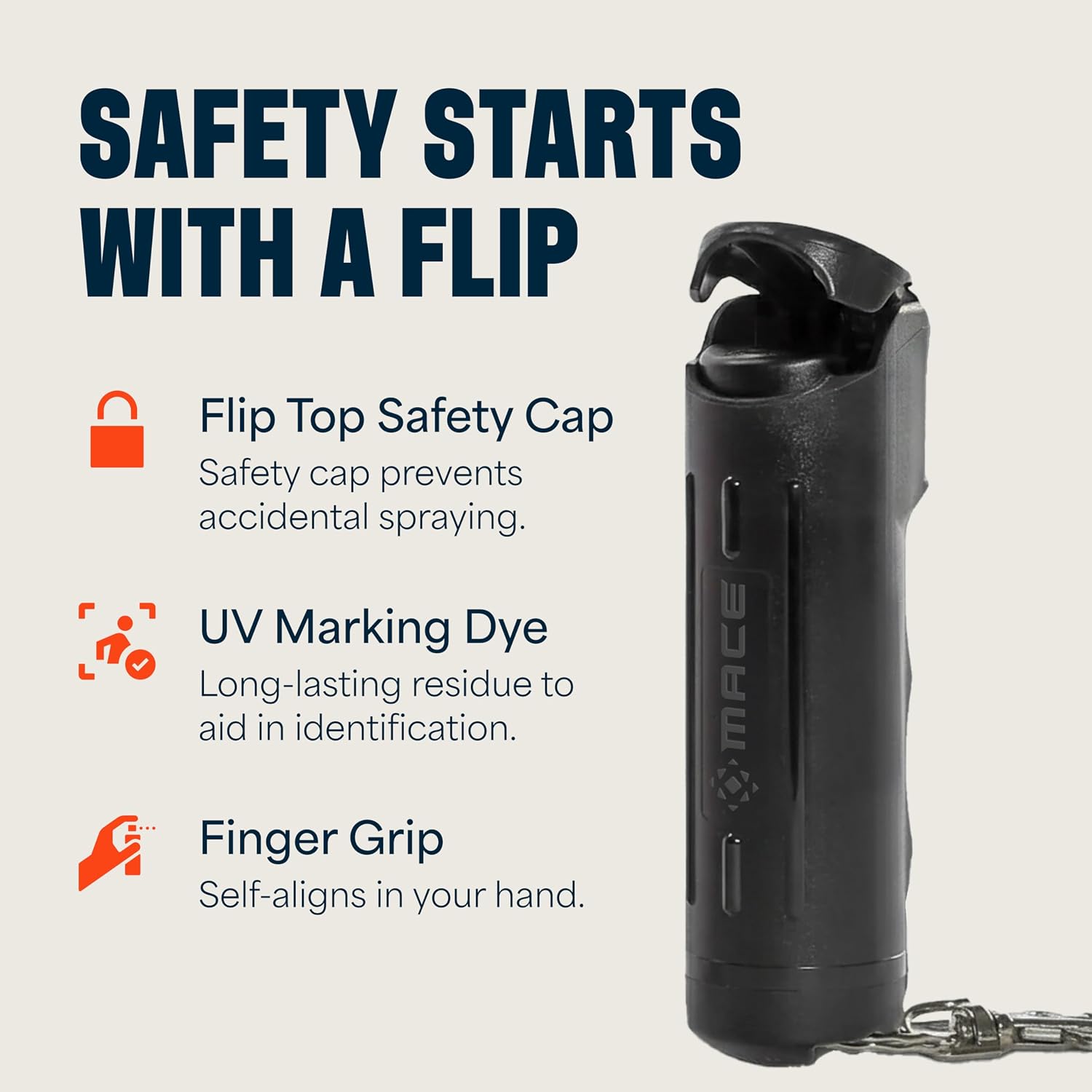 Mace Pepper Spray - Max Police Strength OC with UV Dye, Fast Flip Top, Ergonomic Grip, Clip On Keychain, 12 Feet Range, 0.42 oz Compact Model, Self Defense Pepper Spray for Women & Men