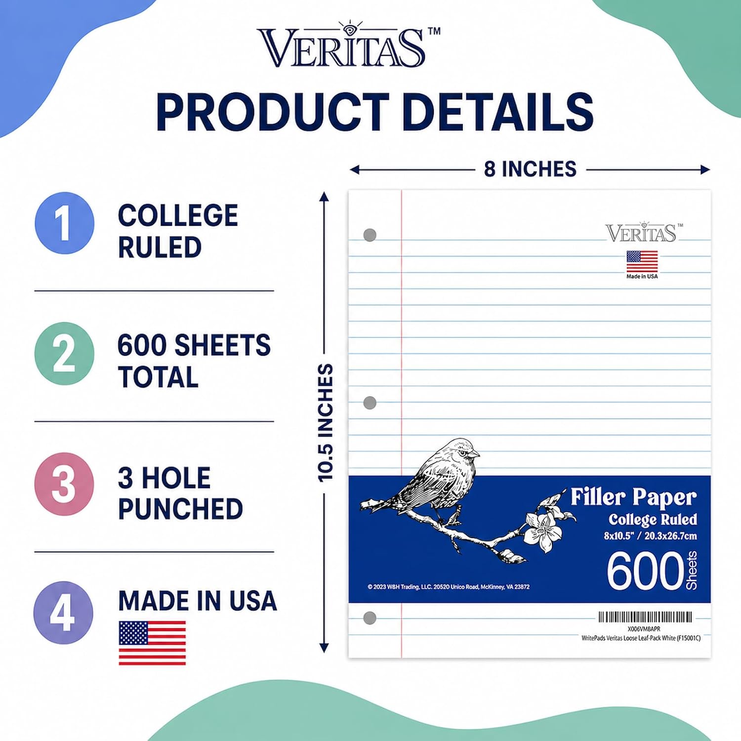 WritePads College Ruled Loose Leaf Paper, 600 Sheets Bulk Notebook Paper, 8"x10-1/2" 3 Hole Punched Filler Paper, Fits Standard 3-Ring Binder, 65lb Thick Paper, Made in USA