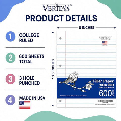 WritePads College Ruled Loose Leaf Paper, 600 Sheets Bulk Notebook Paper, 8"x10-1/2" 3 Hole Punched Filler Paper, Fits Standard 3-Ring Binder, 65lb Thick Paper, Made in USA