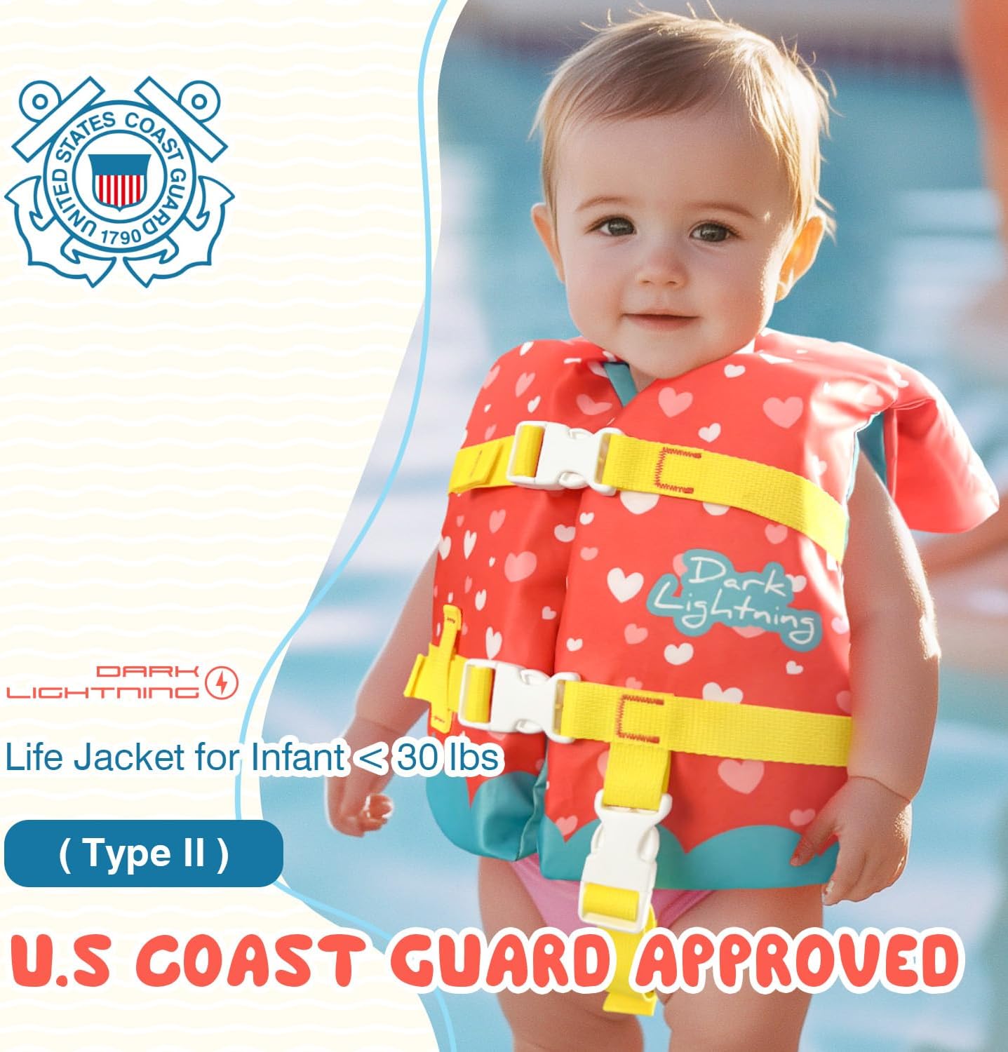 Dark Lightning USCG Approved Infant Life Jacket 0-30 lbs, Toddler Swim Vest and Baby Life Vest for 1-3 Years, 20-30 lbs, Headrest, Leg Strap and Grab Handle