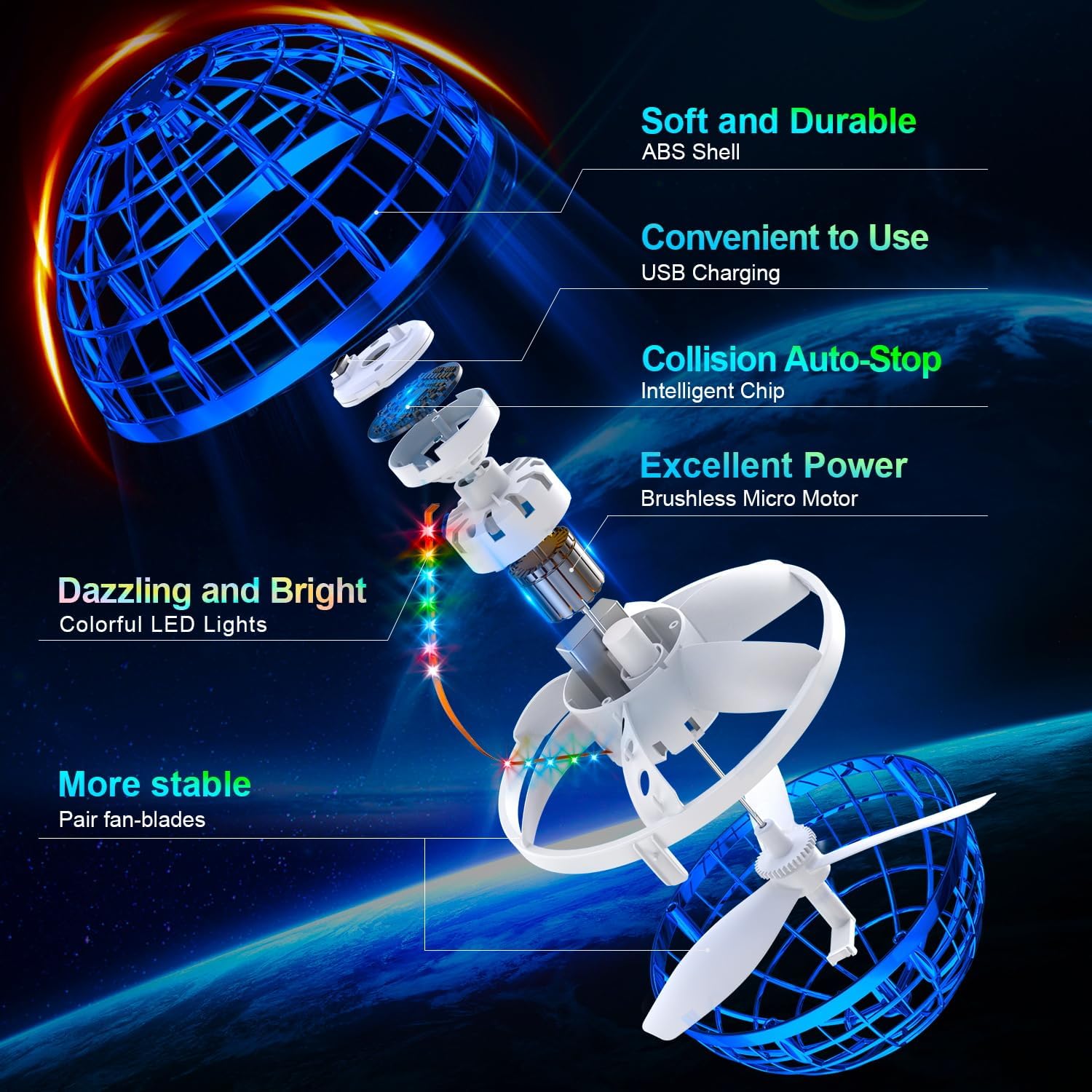 Ivtivfu Flying Orb Ball (Blue, 2026 Upgraded) with Dazzling Lights, Magic Hover Spinner, Cool Boomerang Drone, Floating Cosmic Globe, Kids Toys Gifts for 6 7 8 9 10 Year Old Boys Girls