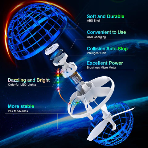Ivtivfu Flying Orb Ball (Blue, 2026 Upgraded) with Dazzling Lights, Magic Hover Spinner, Cool Boomerang Drone, Floating Cosmic Globe, Kids Toys Gifts for 6 7 8 9 10 Year Old Boys Girls