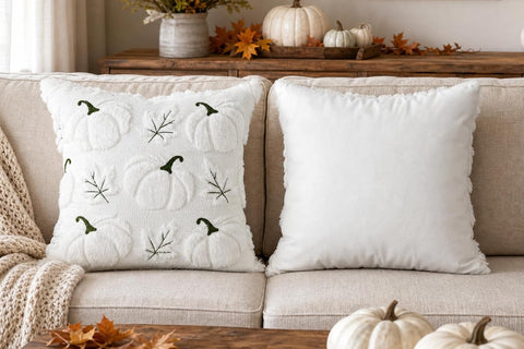 4TH Emotion Fall Pumpkins Leaves Decorative Pillow Covers 18"x18" Set of 2, White Soft Plush Faux Fur Throw Cushion Cases for Autumn Thanksgiving Holiday Home Decorations