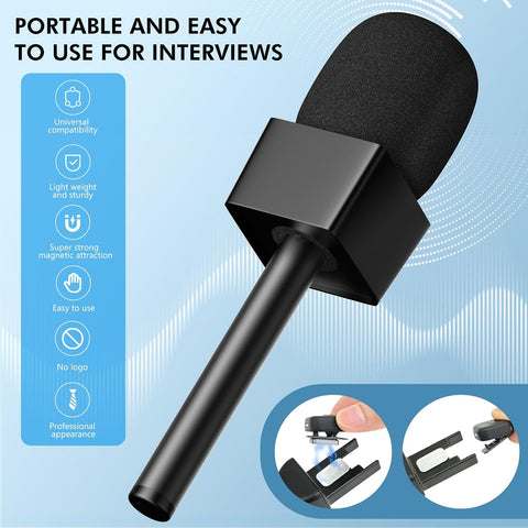 Handheld Adaptor for Interview Mic, 2 Packs Wireless Mic holders for DJI/Rode/Hollyland Lark Lavalier, Universal Magnetic Microfono Stand with Foam Windshield & Flag Station for Interview/Vlogging
