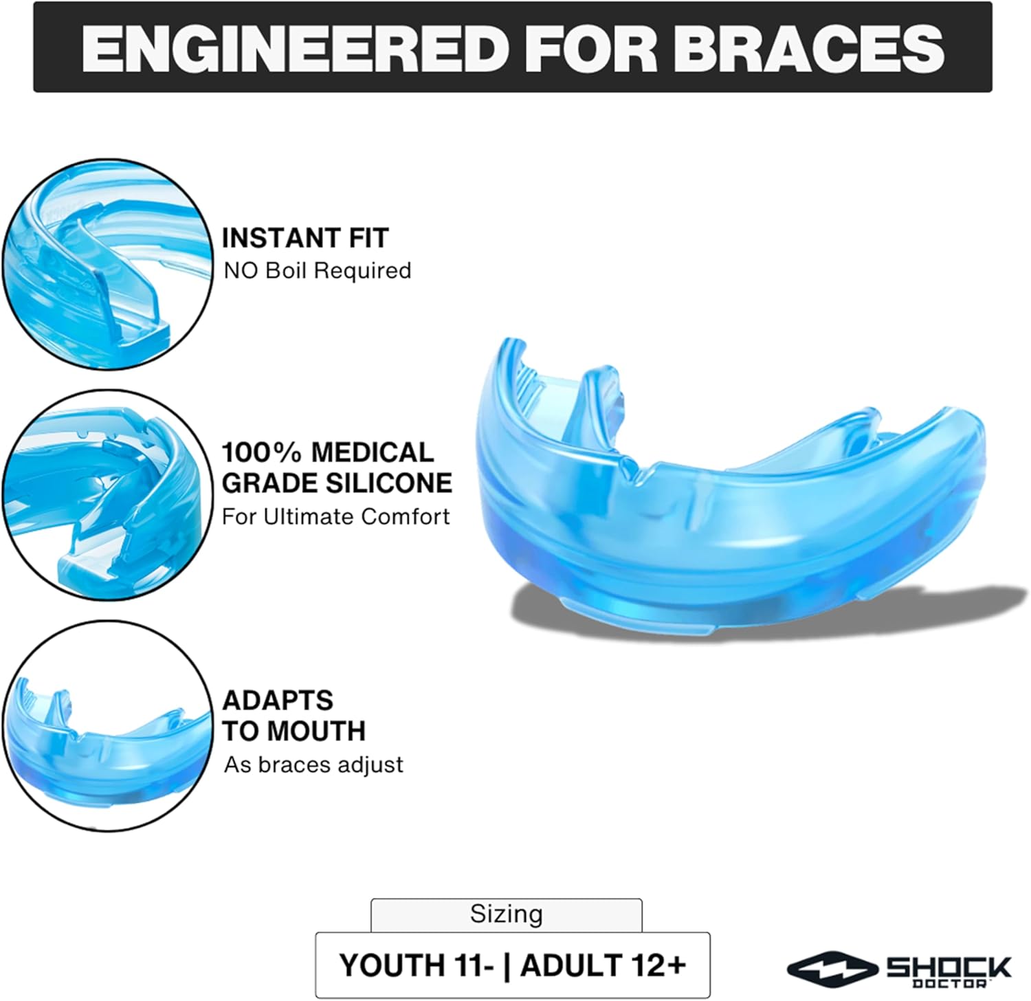 Shock Doctor Mouth Guard for Braces, Upper Teeth Protection, Instant Fit, Adult & Youth Sizes