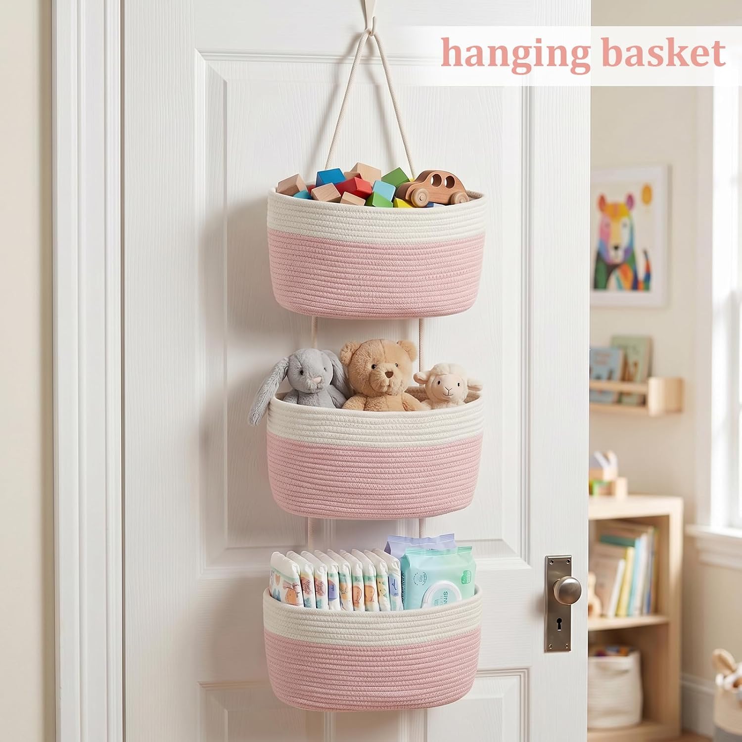 TeoKJ Over the Door Hanging Storage Basket 3 Tier Wall Organizer White&Pink