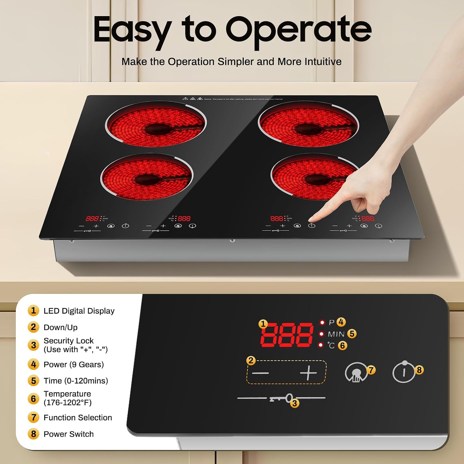 3000W 110V Electric Cooktop 4 Burners Electric Ceramic Cooktop,110V Stove Top Built-in Touch Control, 3000W 9 Heating Level Countertop & Drop-in Stove Top W/Kid Safety Lock (No Plug)