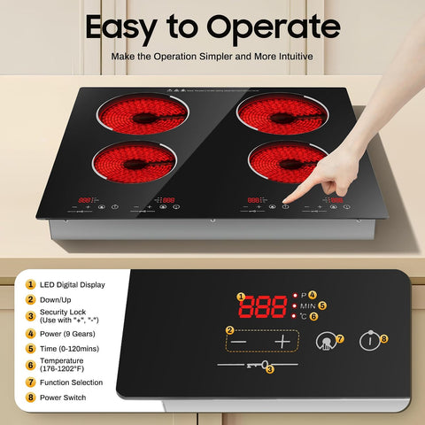 3000W 110V Electric Cooktop 4 Burners Electric Ceramic Cooktop,110V Stove Top Built-in Touch Control, 3000W 9 Heating Level Countertop & Drop-in Stove Top W/Kid Safety Lock (No Plug)