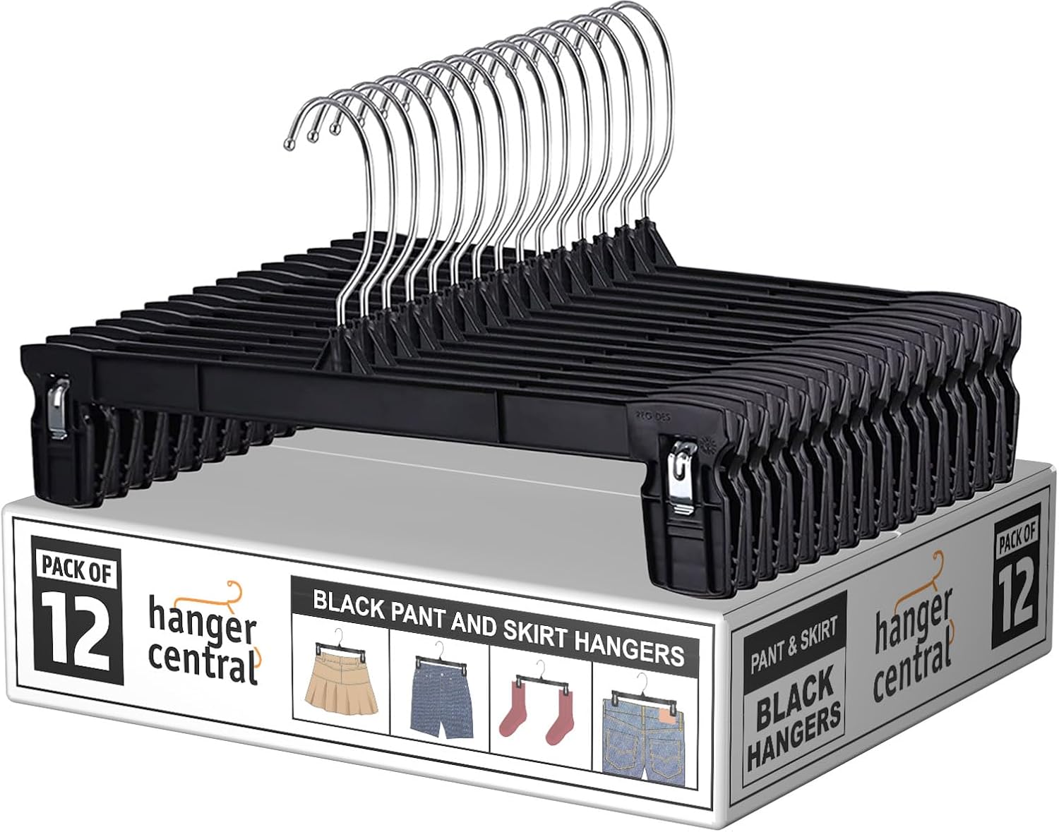 12 Inch Pants Hangers, Black, 12 Pack