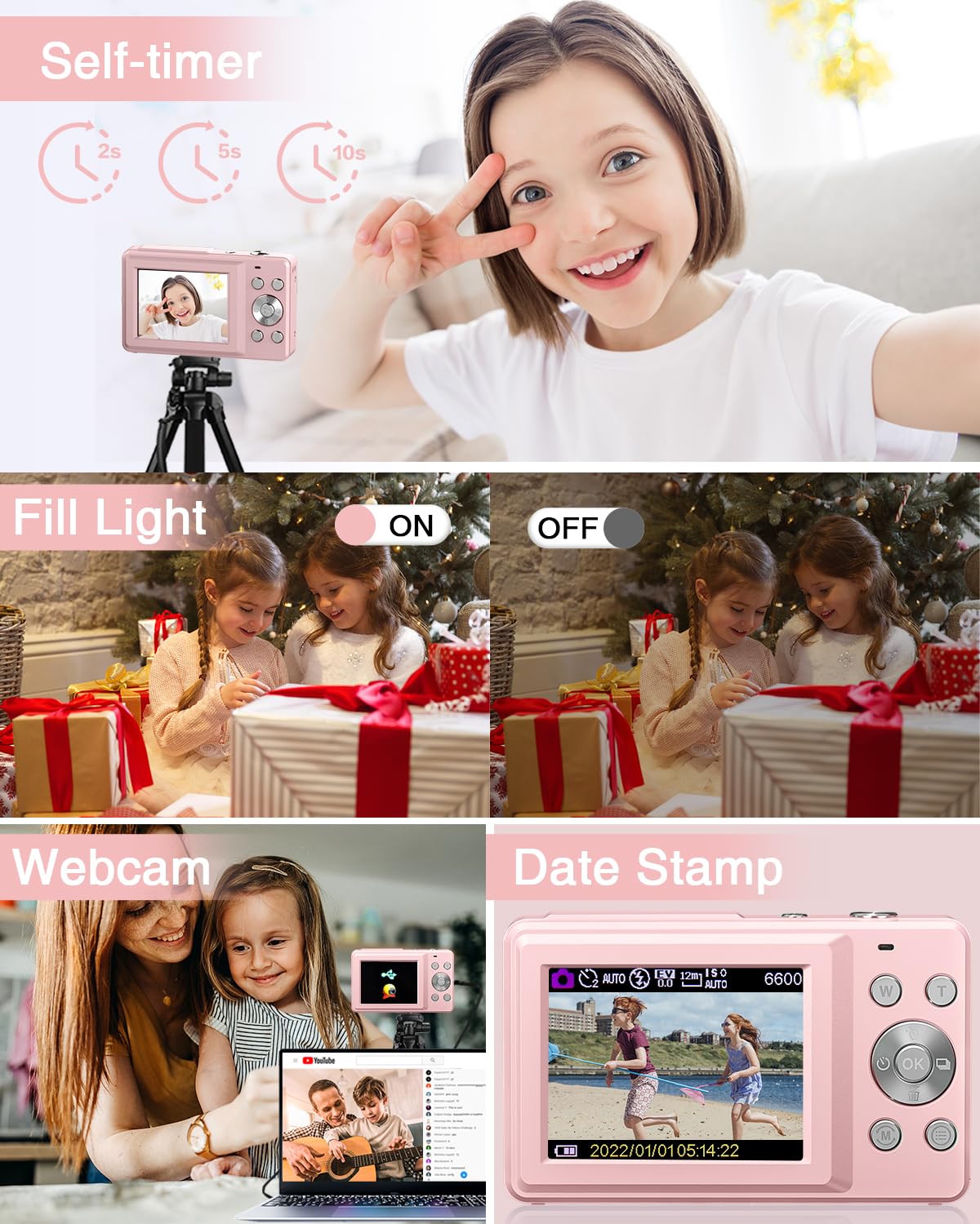 Lecran Digital Camera, FHD 1080P Kids Camera with 32GB Card, 2 Batteries, Lanyard, 16X Zoom Anti Shake, 44MP Compact Portable Small Point Shoot Camera Gift for Kid Student Children Teen Girl Boy(Pink)